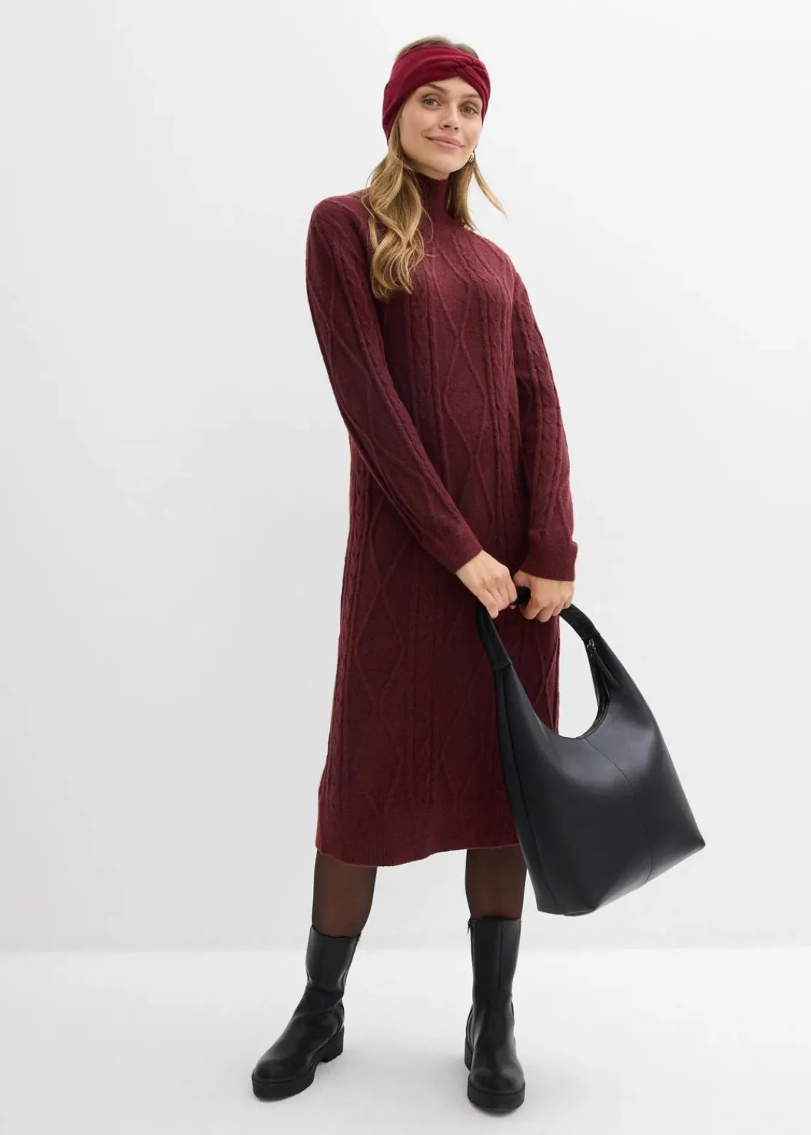bonprix Kleider|Strickmode^Strickkleid aus Zopfstrick dunkelbeere