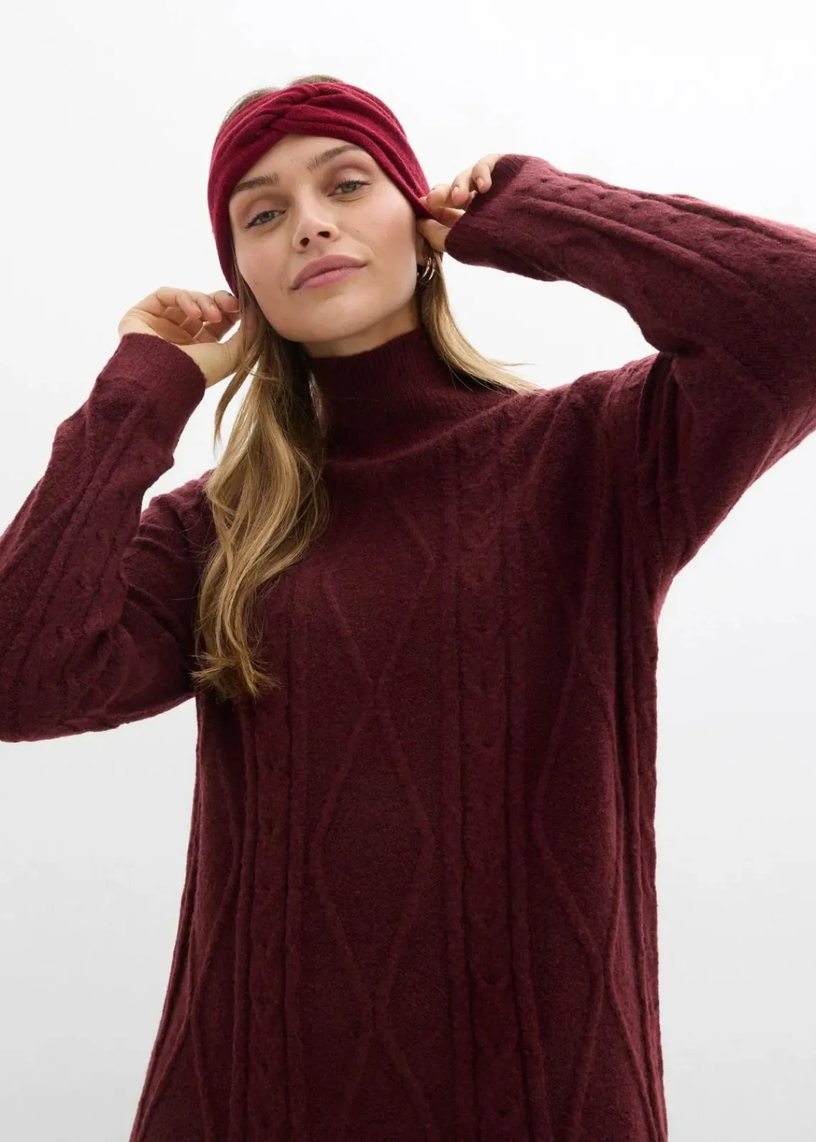 bonprix Kleider|Strickmode^Strickkleid aus Zopfstrick dunkelbeere