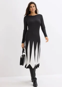 bonprix Bekleidung·Pullover & Strickjacken|Kleider^Strickkleid im Rautendesign anthrazit/wollweiß graphisch