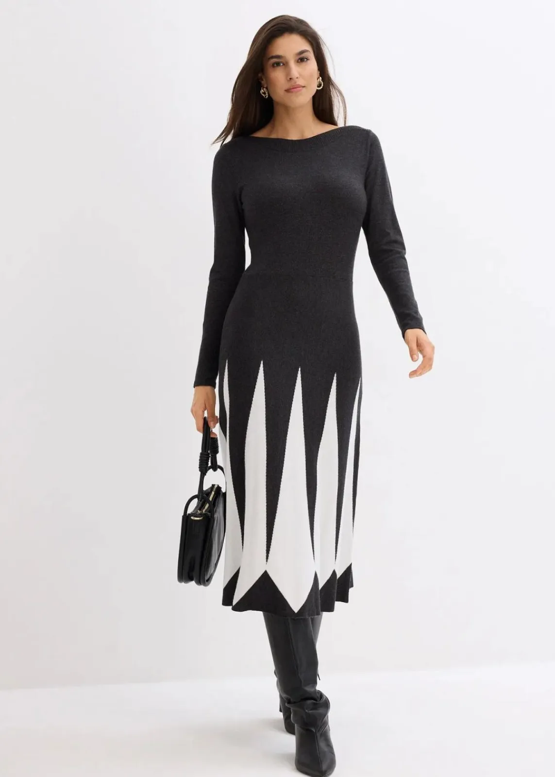 bonprix Bekleidung·Pullover & Strickjacken|Kleider^Strickkleid im Rautendesign anthrazit/wollweiß graphisch