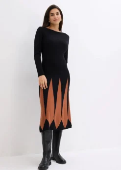 bonprix Bekleidung·Umstandsmode|Strickmode^Strickkleid im Rautendesign schwarz/kastanienbraun graphisch