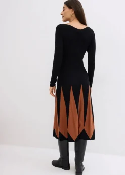 bonprix Bekleidung·Umstandsmode|Strickmode^Strickkleid im Rautendesign schwarz/kastanienbraun graphisch