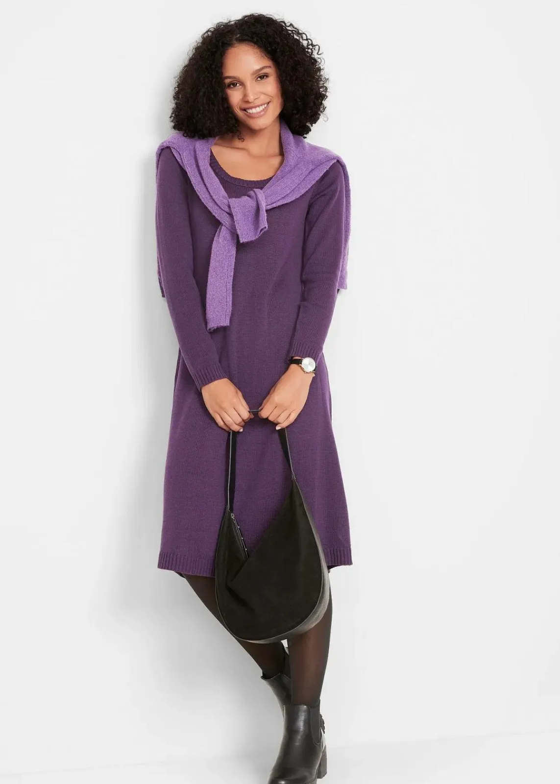 bonprix Kleider|Basics^Strickkleid in ausgestellter Form dunkellila