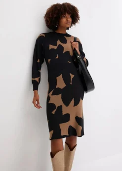 bonprix Bekleidung·Umstandsmode|Bekleidung·Pullover & Strickjacken^Strickkleid, Midi beige/schwarz floral