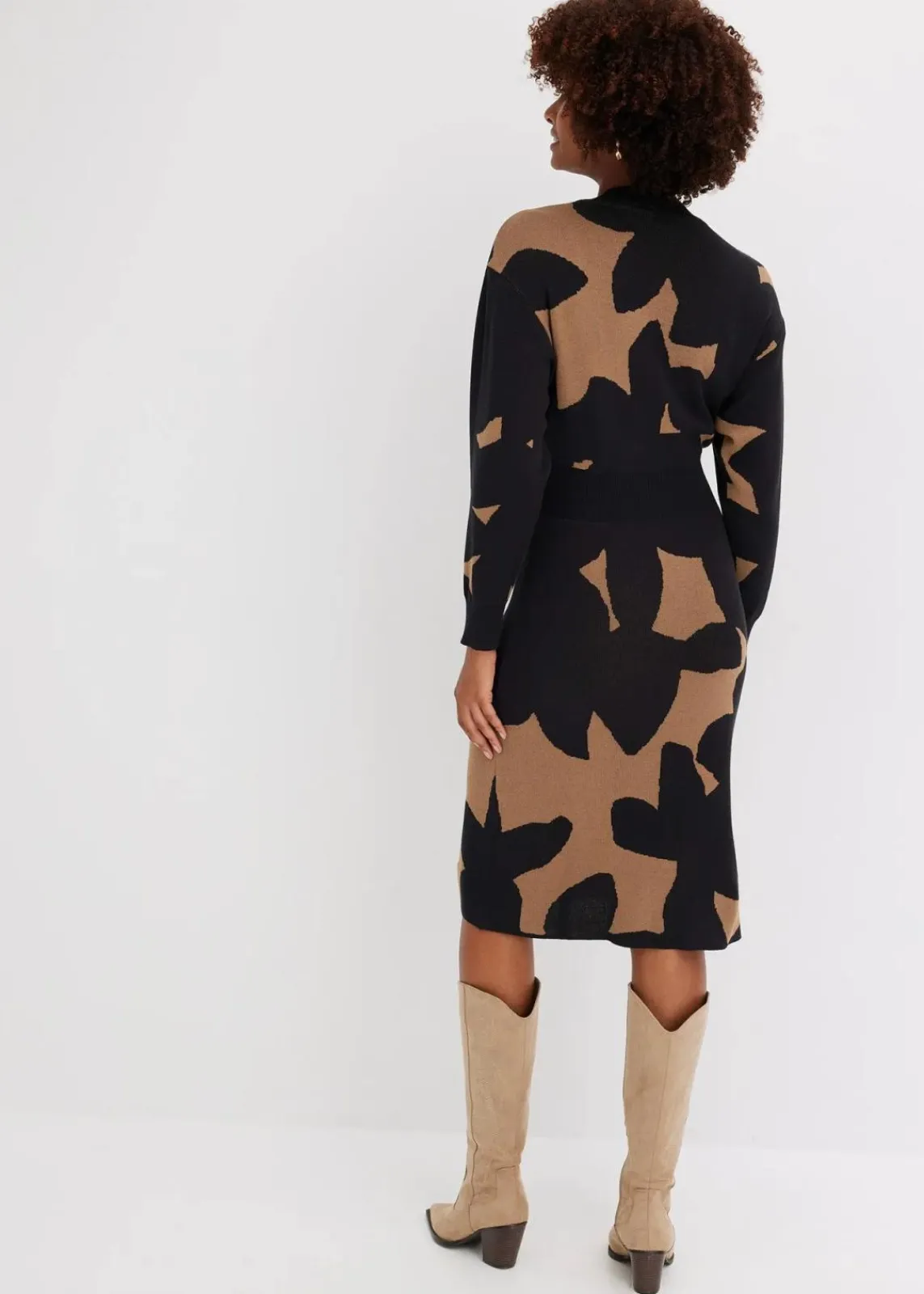 bonprix Bekleidung·Umstandsmode|Bekleidung·Pullover & Strickjacken^Strickkleid, Midi beige/schwarz floral
