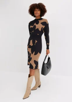 bonprix Bekleidung·Umstandsmode|Bekleidung·Pullover & Strickjacken^Strickkleid, Midi beige/schwarz floral