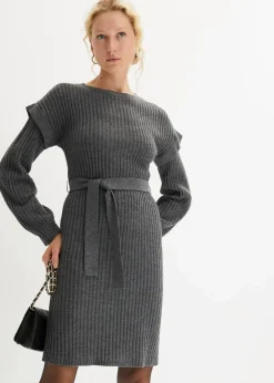 bonprix Strickmode|Kleider^Strickkleid mit Bindeband grau meliert