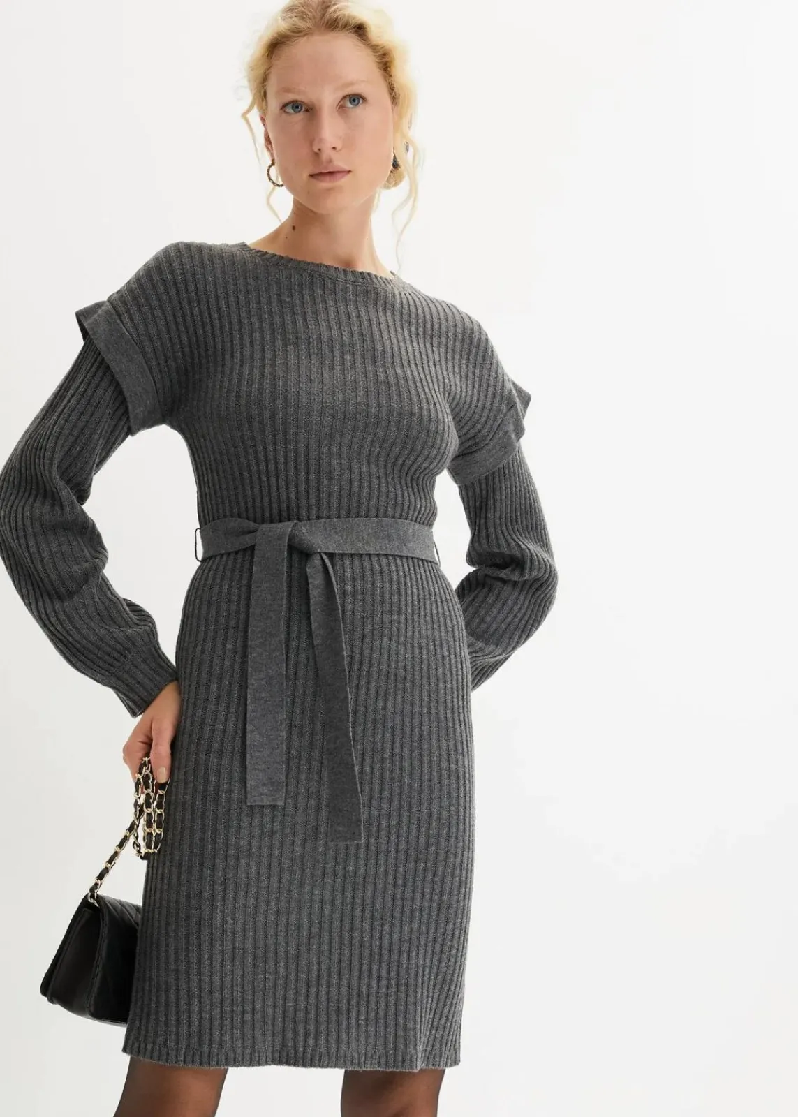 bonprix Strickmode|Kleider^Strickkleid mit Bindeband grau meliert