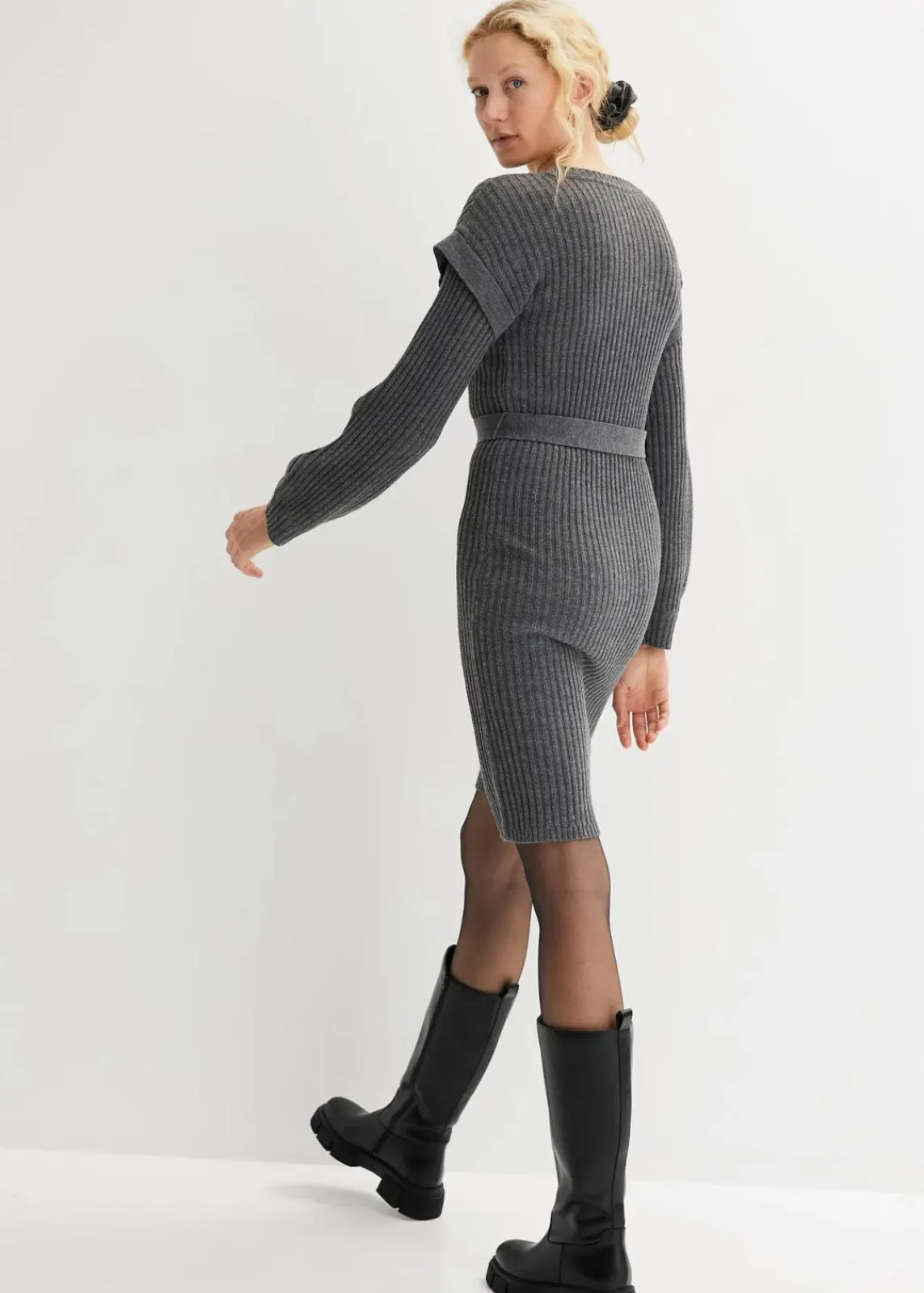 bonprix Strickmode|Kleider^Strickkleid mit Bindeband grau meliert