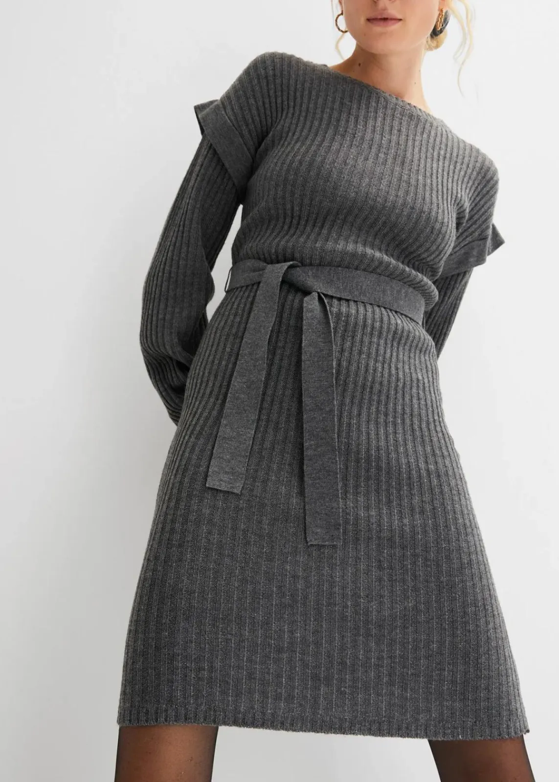 bonprix Strickmode|Kleider^Strickkleid mit Bindeband grau meliert