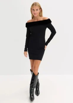 bonprix Bekleidung·Umstandsmode|Bekleidung·Pullover & Strickjacken^Strickkleid mit Fellimitat-Besatz schwarz
