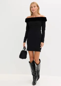 bonprix Bekleidung·Umstandsmode|Bekleidung·Pullover & Strickjacken^Strickkleid mit Fellimitat-Besatz schwarz