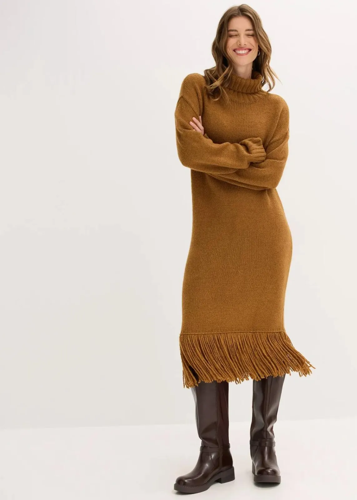 bonprix Bekleidung·Umstandsmode|Bekleidung·Pullover & Strickjacken^Strickkleid mit Fransensaum cognac braun