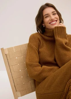 bonprix Bekleidung·Umstandsmode|Bekleidung·Pullover & Strickjacken^Strickkleid mit Fransensaum cognac braun