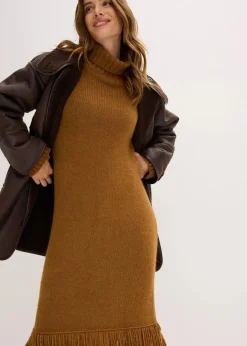 bonprix Bekleidung·Umstandsmode|Bekleidung·Pullover & Strickjacken^Strickkleid mit Fransensaum cognac braun