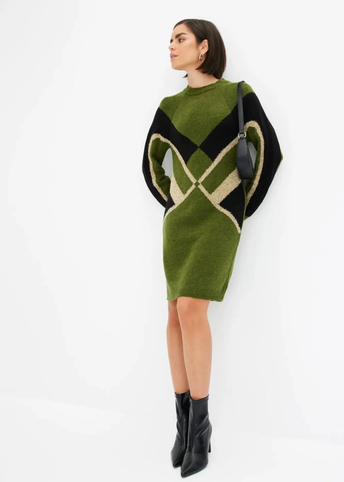 bonprix Strickmode|Kleider^Strickkleid mit Glitzereffekt oliv/schwarz/gold