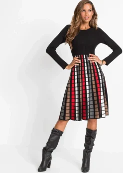 bonprix Bekleidung·Umstandsmode|Bekleidung·Pullover & Strickjacken^Strickkleid mit Karos schwarz/rot/braun/wollweiß kariert