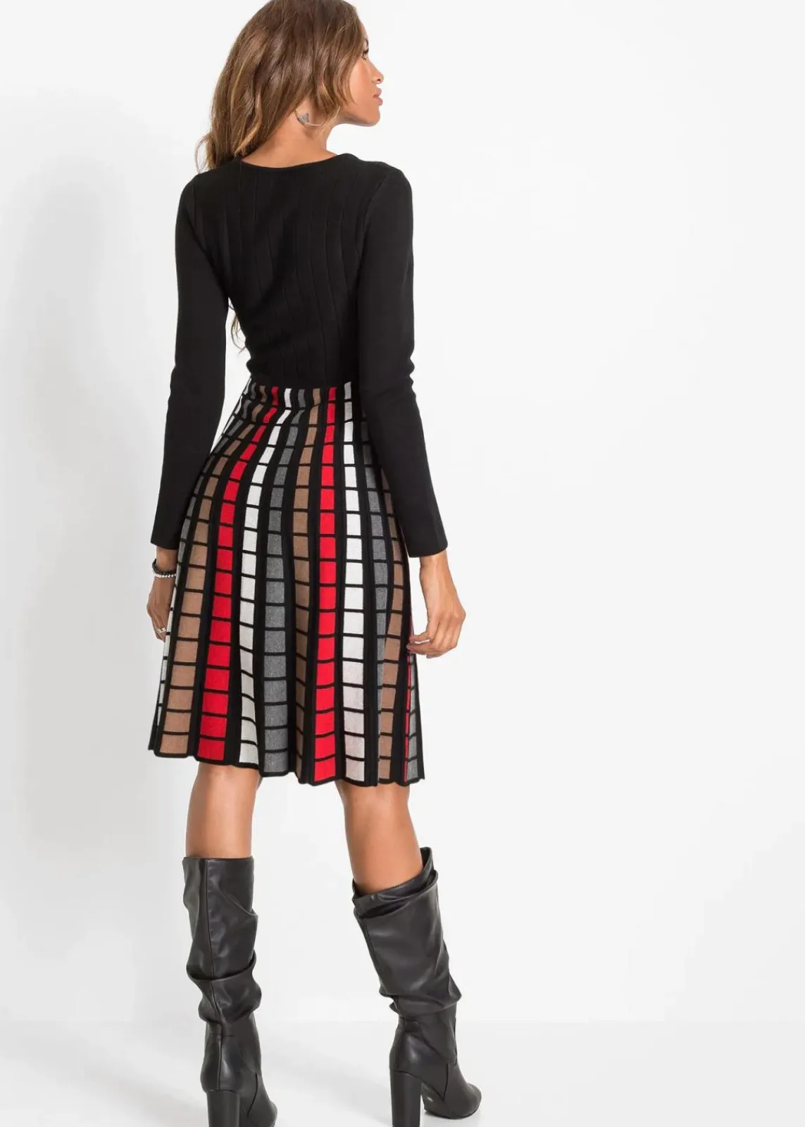 bonprix Bekleidung·Umstandsmode|Bekleidung·Pullover & Strickjacken^Strickkleid mit Karos schwarz/rot/braun/wollweiß kariert