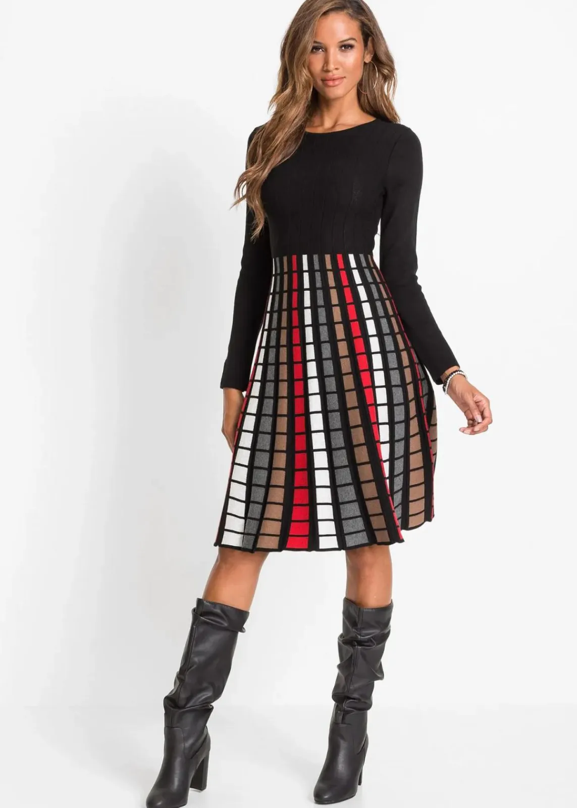 bonprix Bekleidung·Umstandsmode|Bekleidung·Pullover & Strickjacken^Strickkleid mit Karos schwarz/rot/braun/wollweiß kariert
