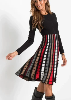 bonprix Bekleidung·Umstandsmode|Bekleidung·Pullover & Strickjacken^Strickkleid mit Karos schwarz/rot/braun/wollweiß kariert