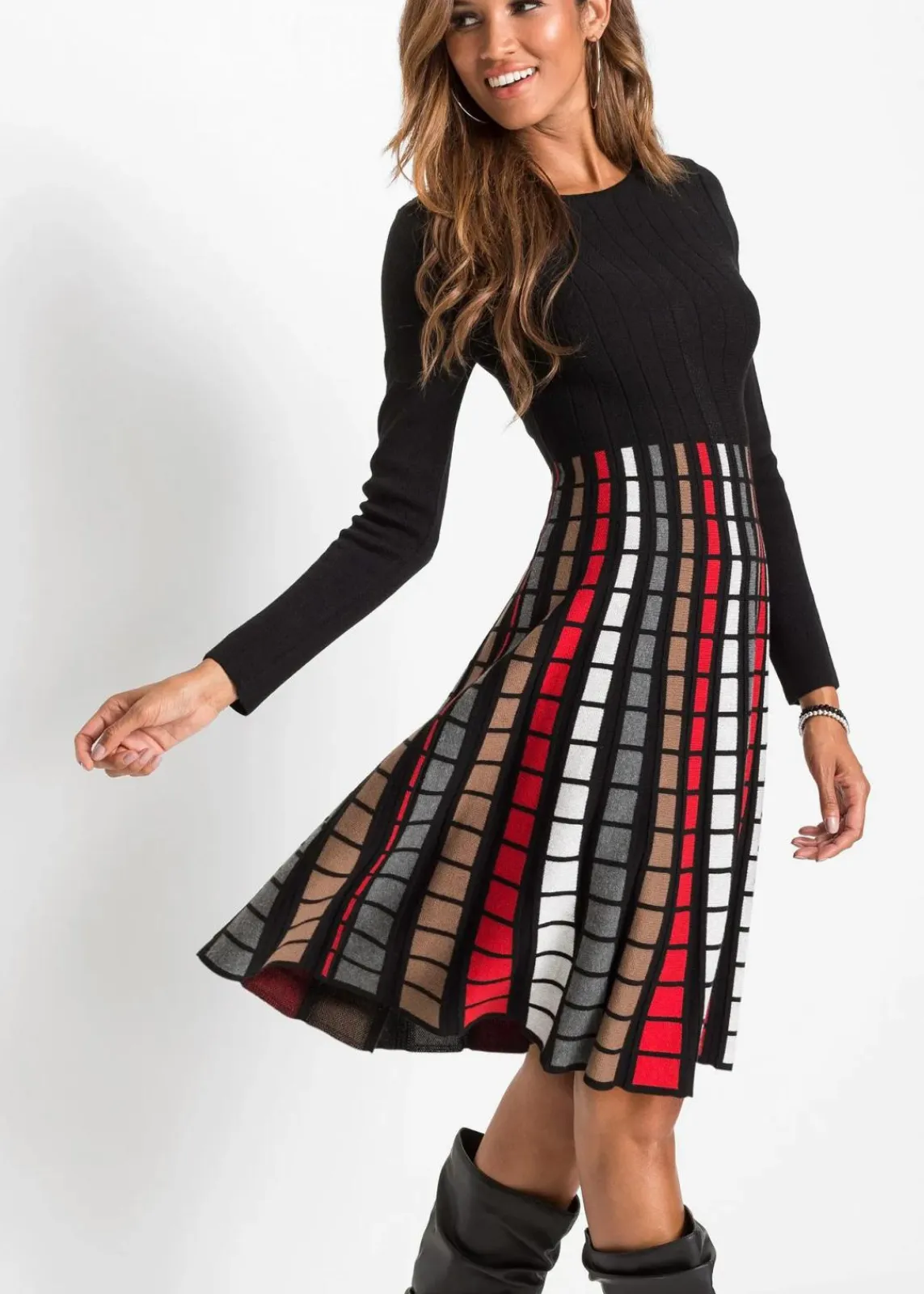 bonprix Bekleidung·Umstandsmode|Bekleidung·Pullover & Strickjacken^Strickkleid mit Karos schwarz/rot/braun/wollweiß kariert
