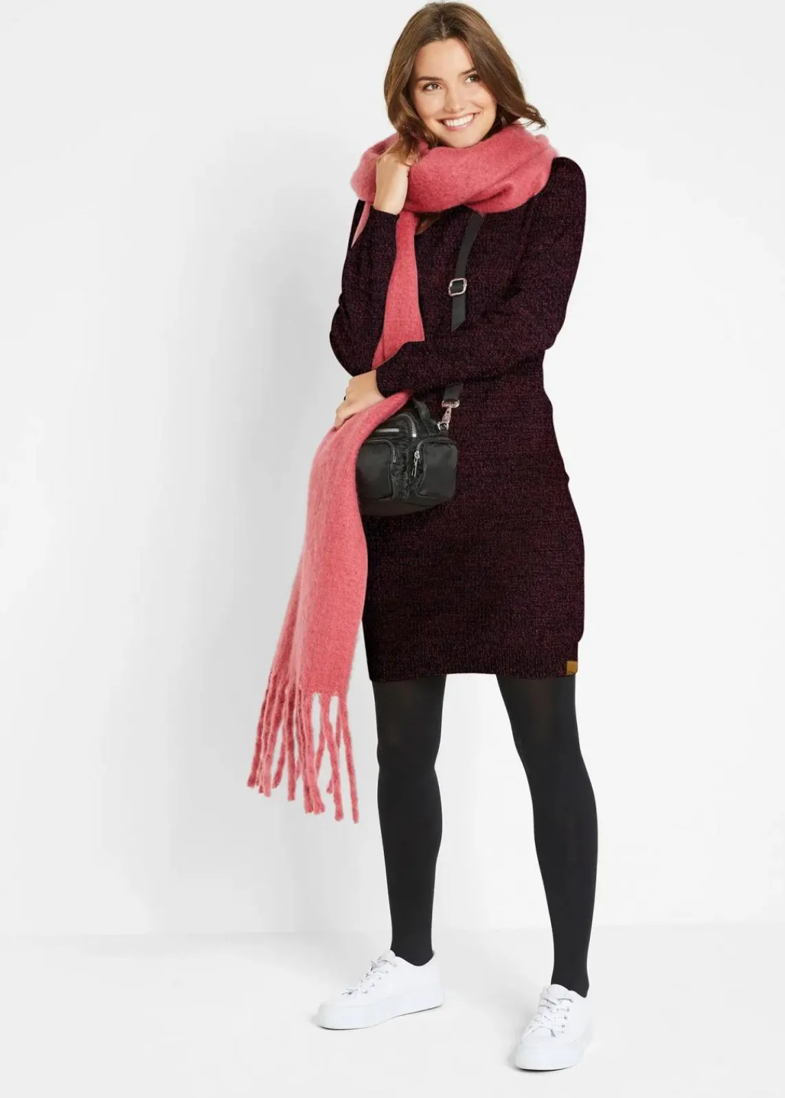 bonprix Bekleidung·Umstandsmode|Strickmode^Strickkleid mit Lederimitat-Details kastanienrot meliert