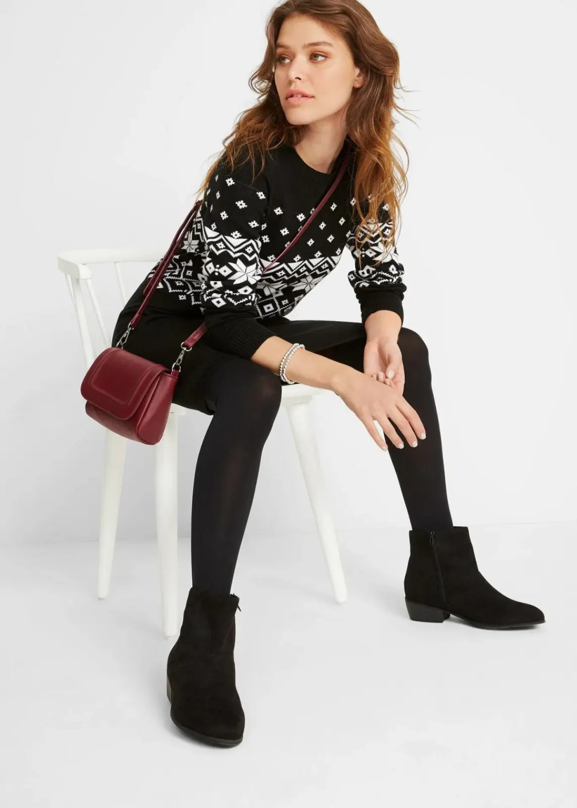 bonprix Bekleidung·Umstandsmode|Bekleidung·Pullover & Strickjacken^Strickkleid mit Norwegermuster schwarz/weiß norwegermuster