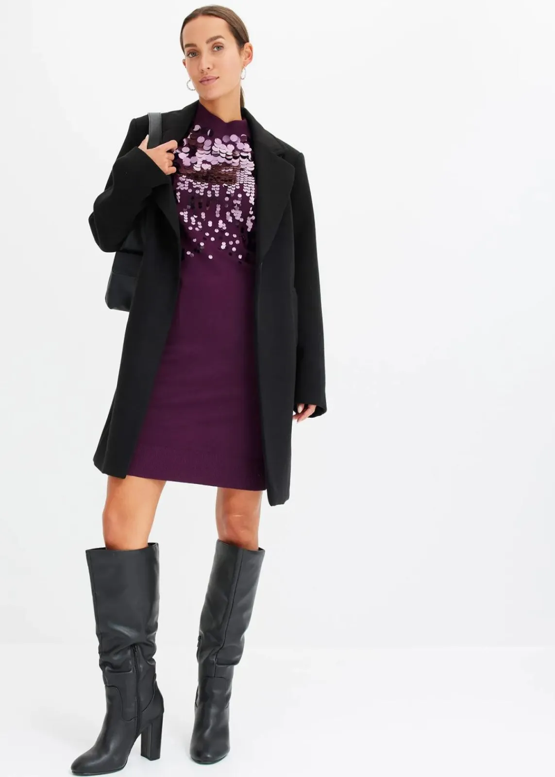 bonprix Kleider|Strickmode^Strickkleid mit Pailletten holunderbeere