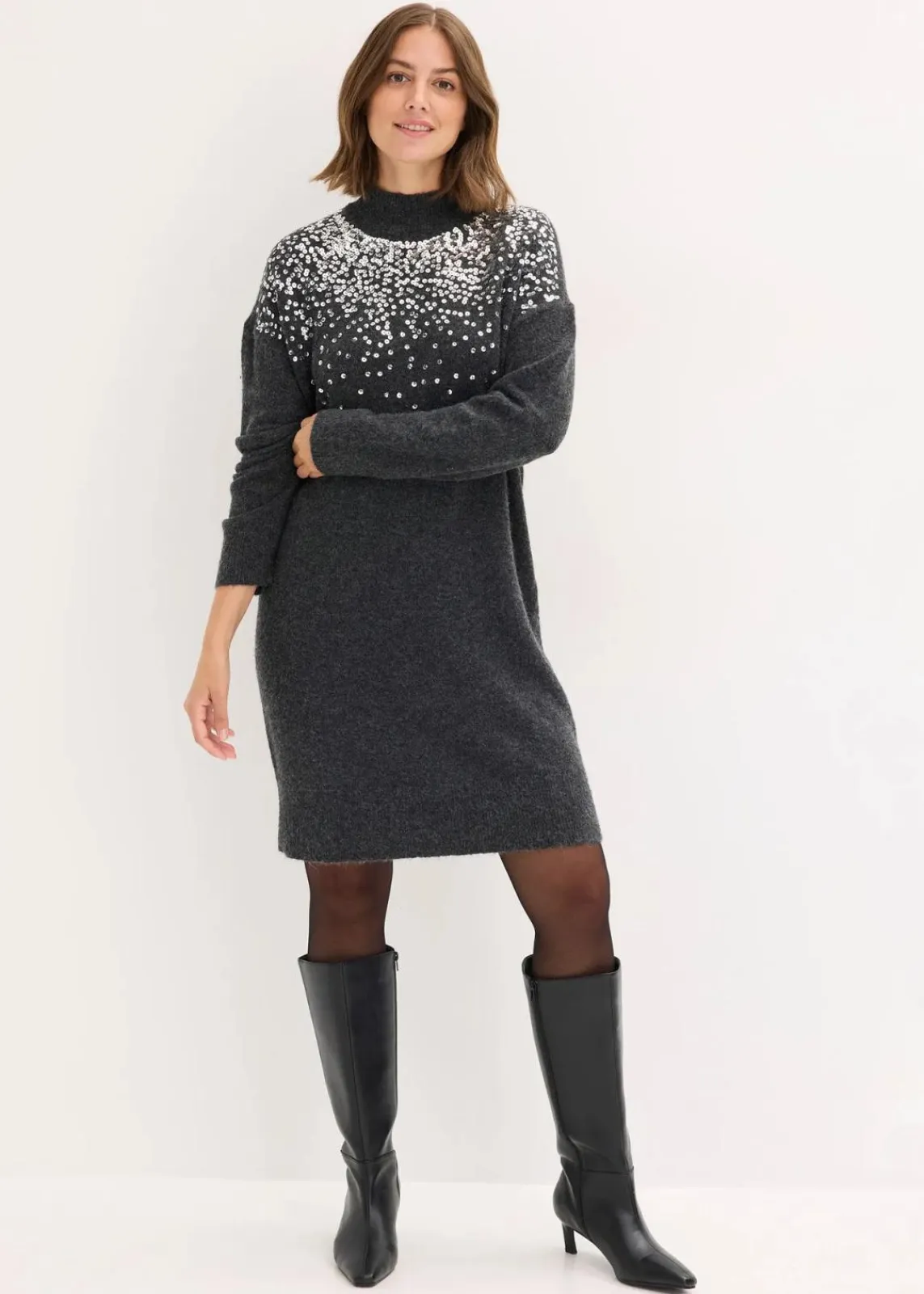 bonprix Bekleidung·Umstandsmode|Bekleidung·Pullover & Strickjacken^Strickkleid mit Pailletten-Applikation anthrazit meliert