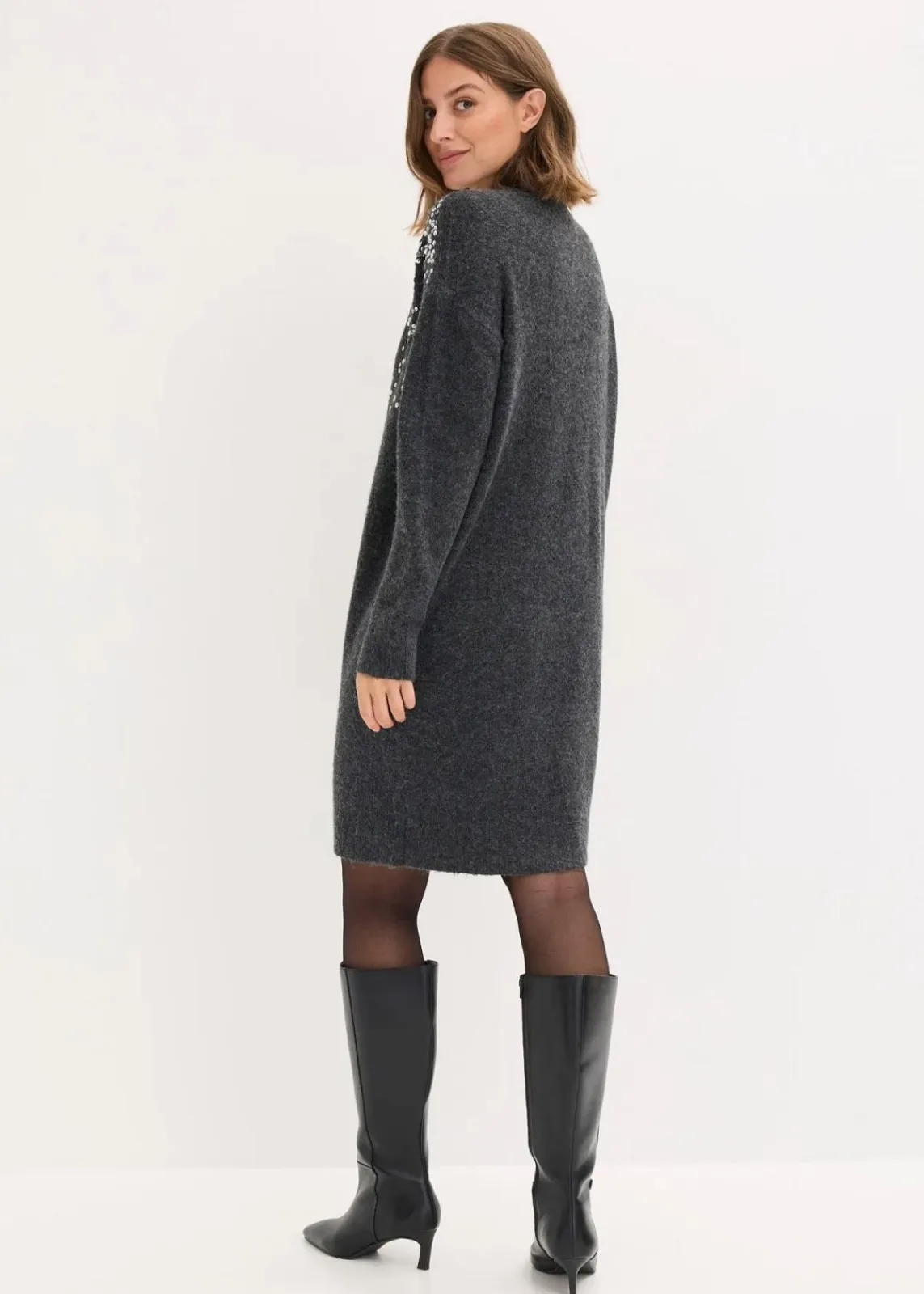 bonprix Bekleidung·Umstandsmode|Bekleidung·Pullover & Strickjacken^Strickkleid mit Pailletten-Applikation anthrazit meliert