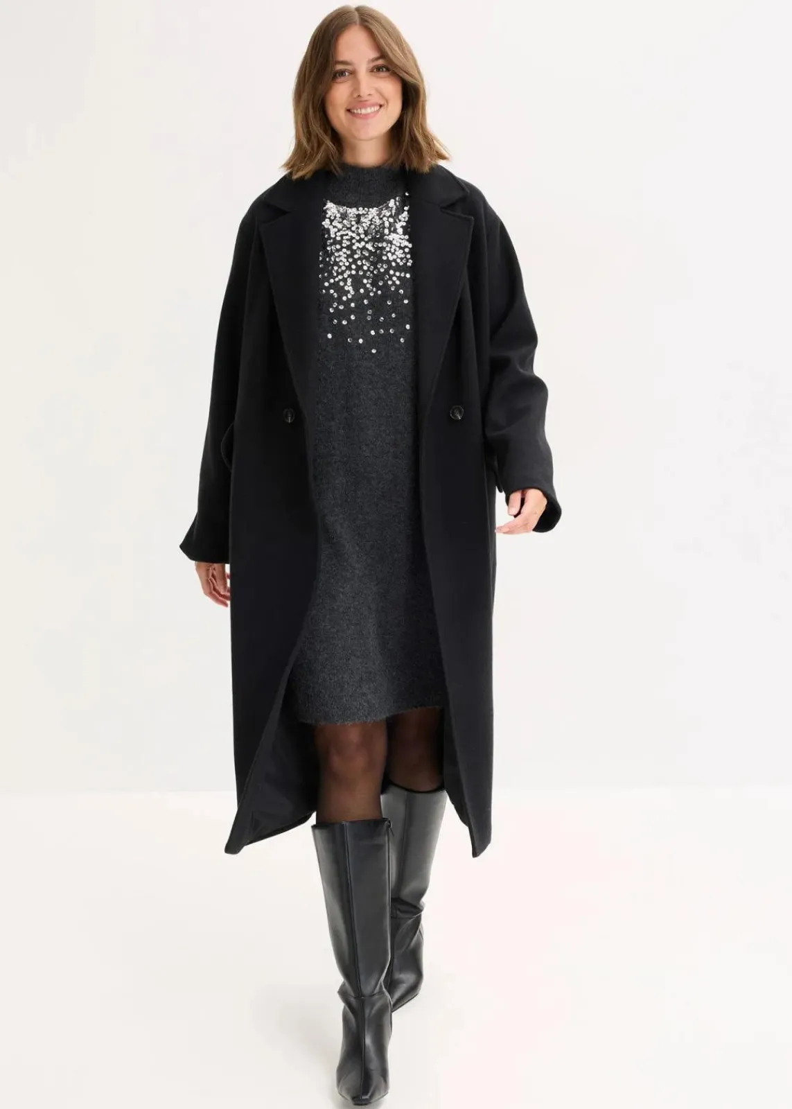 bonprix Bekleidung·Umstandsmode|Bekleidung·Pullover & Strickjacken^Strickkleid mit Pailletten-Applikation anthrazit meliert