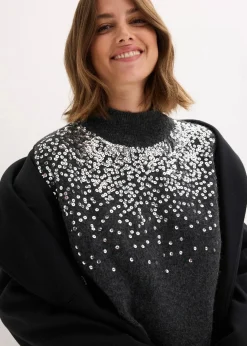 bonprix Bekleidung·Umstandsmode|Bekleidung·Pullover & Strickjacken^Strickkleid mit Pailletten-Applikation anthrazit meliert