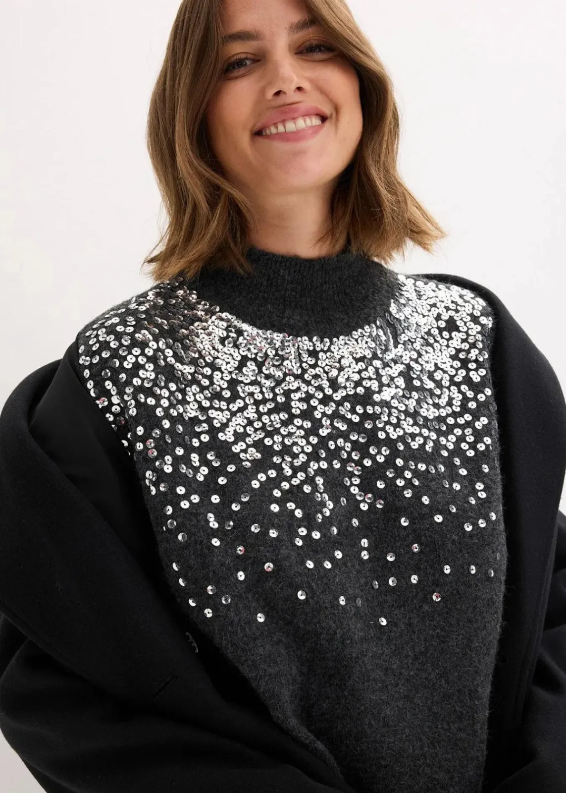 bonprix Bekleidung·Umstandsmode|Bekleidung·Pullover & Strickjacken^Strickkleid mit Pailletten-Applikation anthrazit meliert