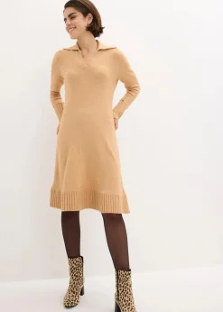 bonprix Strickmode|Kleider^Strickkleid mit Polokragen cappuccino