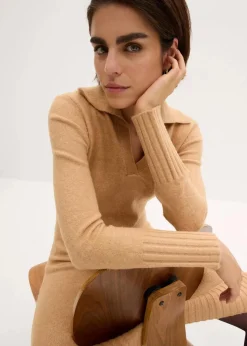 bonprix Strickmode|Kleider^Strickkleid mit Polokragen cappuccino