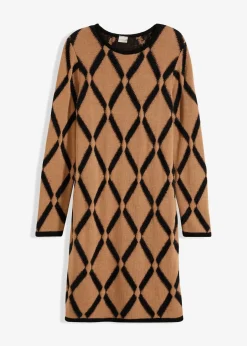 bonprix Bekleidung·Umstandsmode|Strickmode^Strickkleid mit Rautenmuster aus Federgarn hellbraun/schwarz kariert