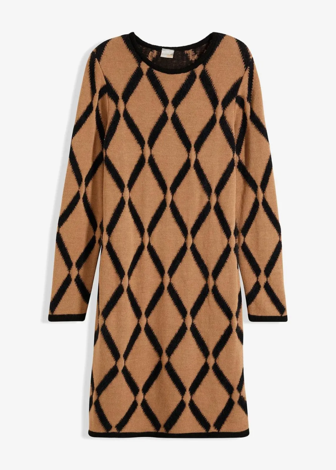 bonprix Bekleidung·Umstandsmode|Strickmode^Strickkleid mit Rautenmuster aus Federgarn hellbraun/schwarz kariert