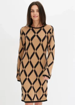 bonprix Bekleidung·Umstandsmode|Strickmode^Strickkleid mit Rautenmuster aus Federgarn hellbraun/schwarz kariert