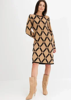 bonprix Bekleidung·Umstandsmode|Strickmode^Strickkleid mit Rautenmuster aus Federgarn hellbraun/schwarz kariert