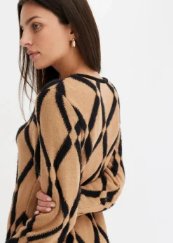 bonprix Bekleidung·Umstandsmode|Strickmode^Strickkleid mit Rautenmuster aus Federgarn hellbraun/schwarz kariert