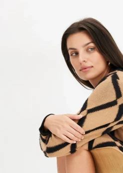 bonprix Bekleidung·Umstandsmode|Strickmode^Strickkleid mit Rautenmuster aus Federgarn hellbraun/schwarz kariert