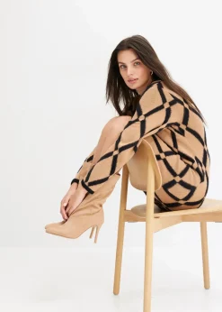 bonprix Bekleidung·Umstandsmode|Strickmode^Strickkleid mit Rautenmuster aus Federgarn hellbraun/schwarz kariert