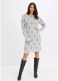 bonprix Bekleidung·Umstandsmode|Strickmode^Strickkleid mit Rautenmuster aus Federgarn hellgrau meliert/wollweiß graphisch