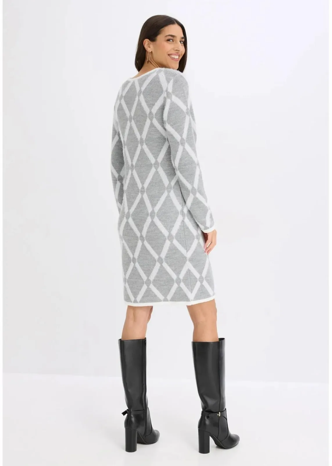 bonprix Bekleidung·Umstandsmode|Strickmode^Strickkleid mit Rautenmuster aus Federgarn hellgrau meliert/wollweiß graphisch