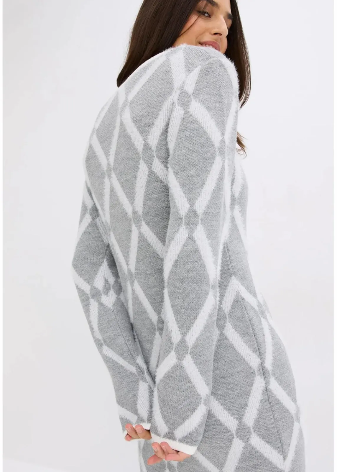bonprix Bekleidung·Umstandsmode|Strickmode^Strickkleid mit Rautenmuster aus Federgarn hellgrau meliert/wollweiß graphisch