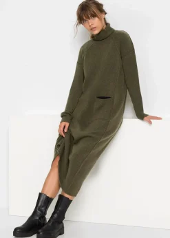 bonprix Bekleidung·Umstandsmode|Bekleidung·Pullover & Strickjacken^Strickkleid mit Rollkragen dunkeloliv meliert