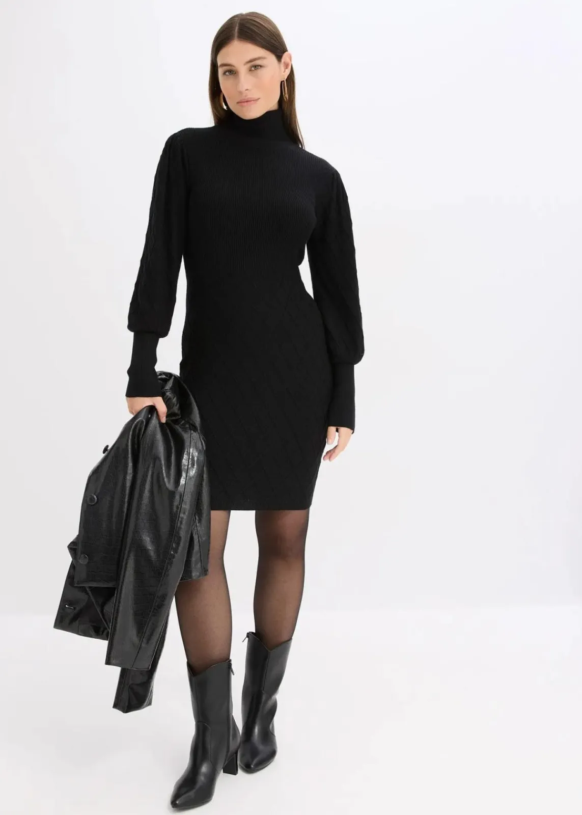 bonprix Kleider|Strickmode^Strickkleid mit Rollkragen schwarz