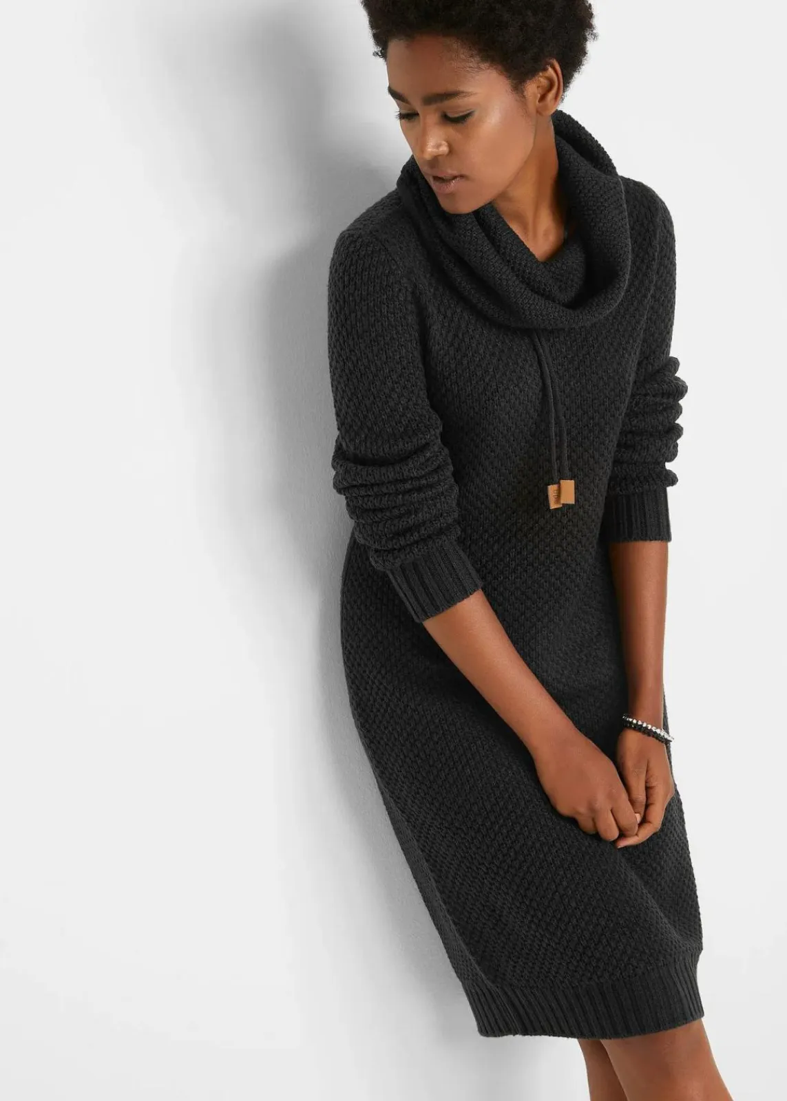 bonprix Kleider|Strickmode^Strickkleid mit Schalkragen schwarz