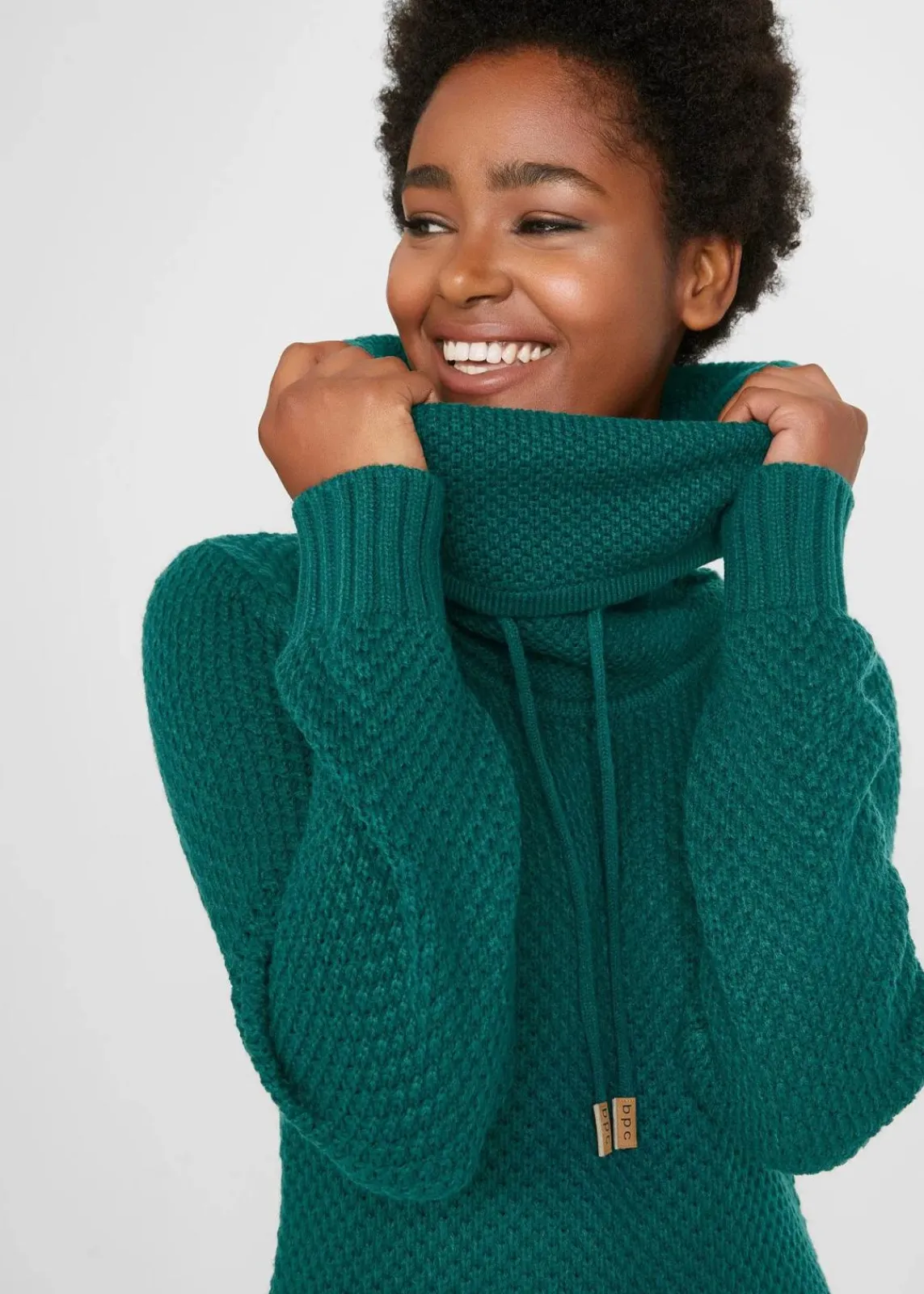 bonprix Kleider|Strickmode^Strickkleid mit Schalkragen tiefgrün