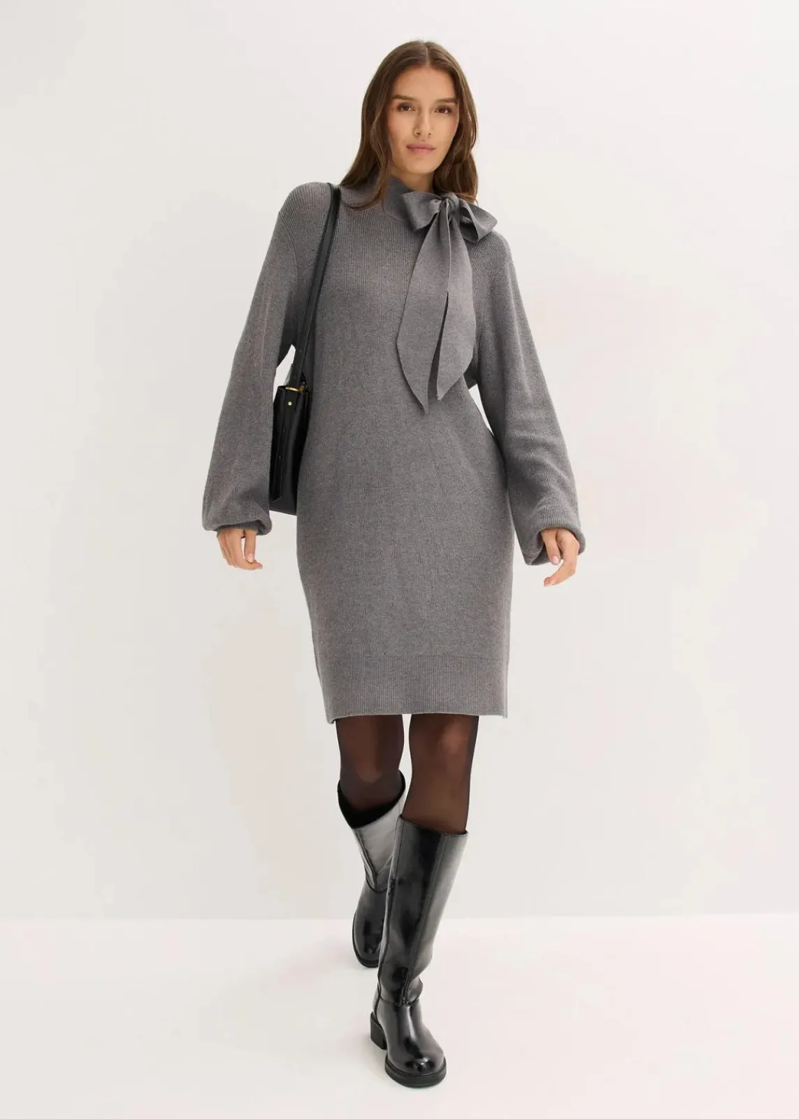 bonprix Bekleidung·Umstandsmode|Strickmode^Strickkleid mit Schleife aus softem Viskose-Mix grau meliert